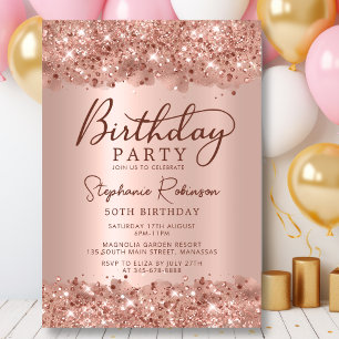Elegant Metallic Rose Gold Glitter 50th Birthday Invitation