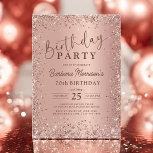 Elegant Metallic Rose Gold Glitter 70th Birthday Invitation