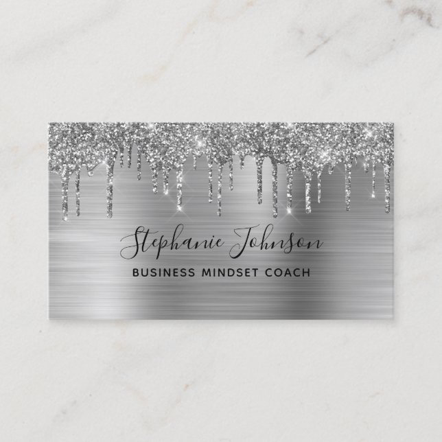 Elegant Metallic Silver Glitter Drip Boss Lady Business Card (Front)