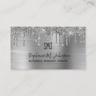 Elegant Metallic Silver Glitter Drip Monogram Logo Business Card