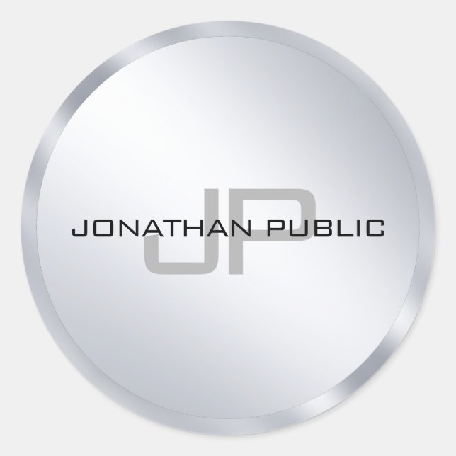 Elegant Metallic Silver Look Monogram Template Classic Round Sticker (Front)