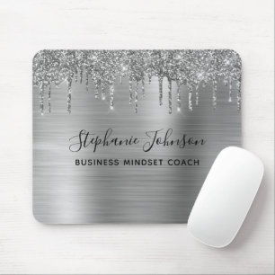 Elegant Metallic Silver Sparkly Glitter Drip Mouse Pad