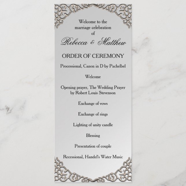 Elegant Metallic Silver Wedding Program (Front)
