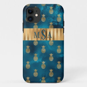 Elegant Metallic Teal Gold Pineapple Monogram iPhone 11 Case