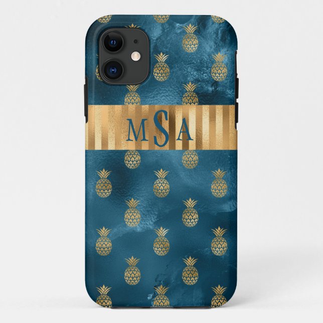 Elegant Metallic Teal Gold Pineapple Monogram Case-Mate iPhone Case (Back)