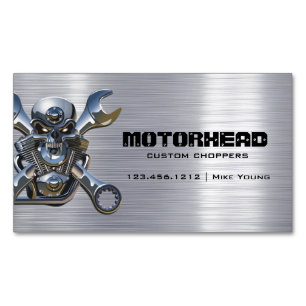 Elegant Metalwork Skull and Wrench Magnetic Business Card