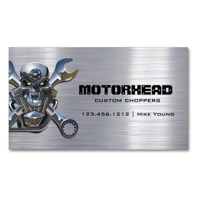 Elegant Metalwork Skull and Wrench Magnetic Business Card (Front)