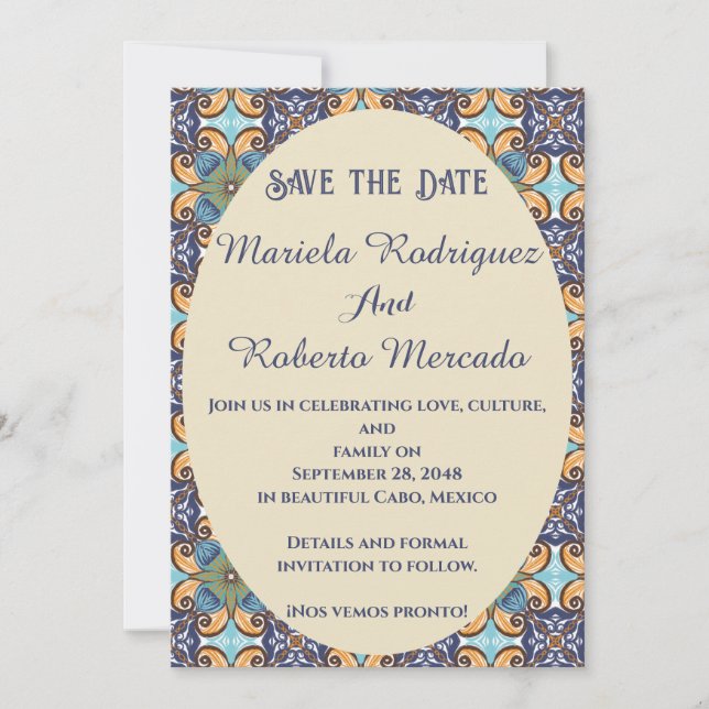 Elegant Mexican Floral Talavera Oval Wedding  Save The Date (Front)