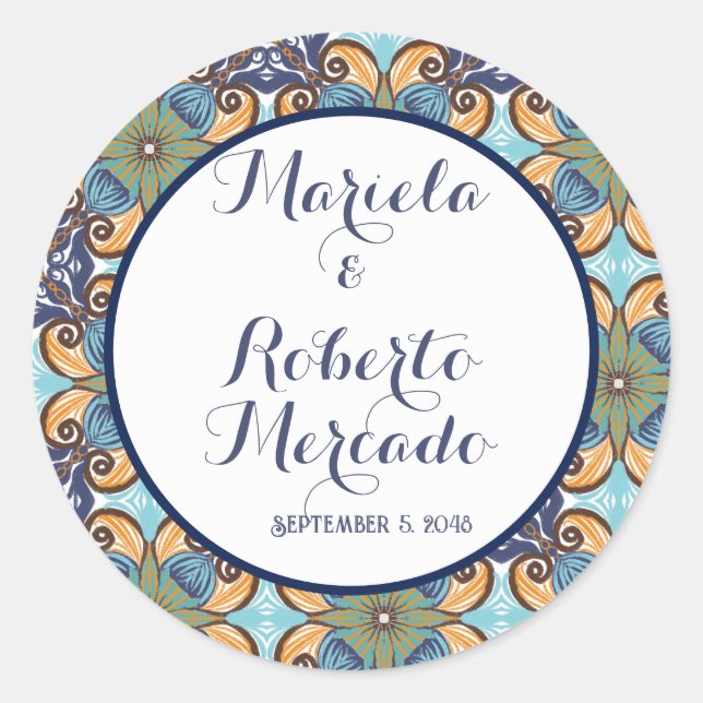 Elegant Mexican Floral Talavera Wedding  Classic Round Sticker (Front)