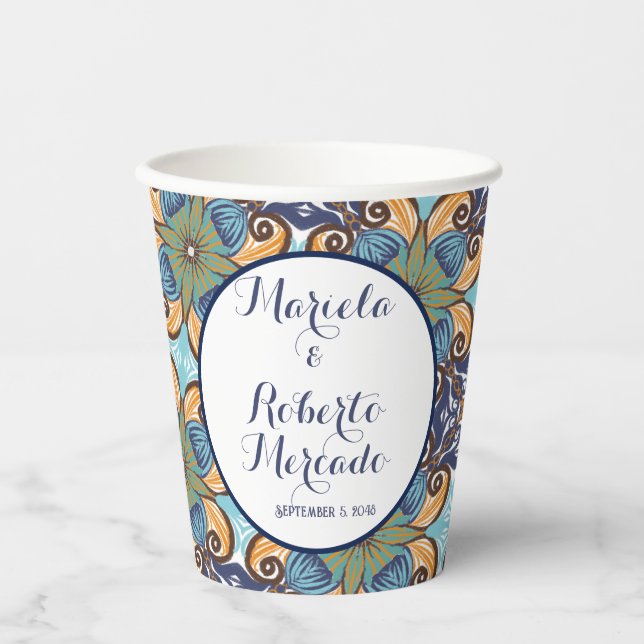 Elegant Mexican Floral Talavera Wedding  Paper Cups (Front)
