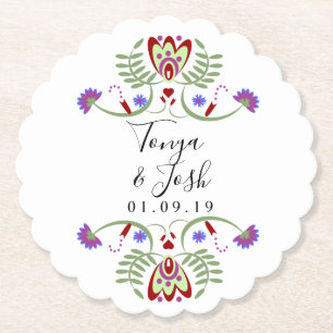 Elegant Mexican Folk Flowers Wedding   Mini Heart Paper Coaster
