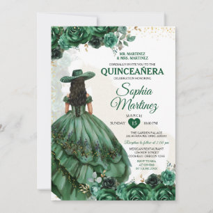 Elegant Mexican Princess Emerald Green Quinceañera Invitation