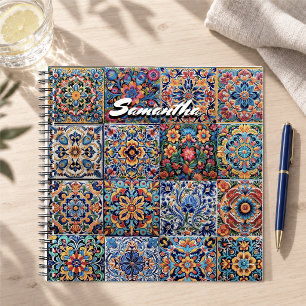 Elegant Mexican Red Yellow Talavera Tiles Monogram Notebook