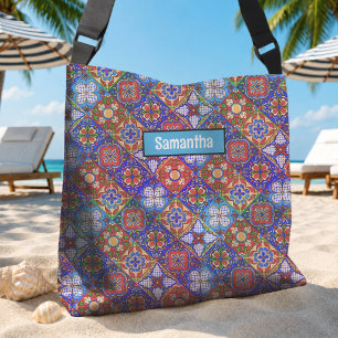 Elegant Mexican talavera red blue purple tiles Crossbody Bag