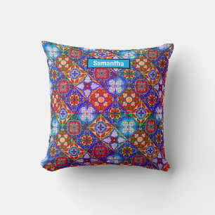 Elegant Mexican talavera red blue purple tiles Cushion