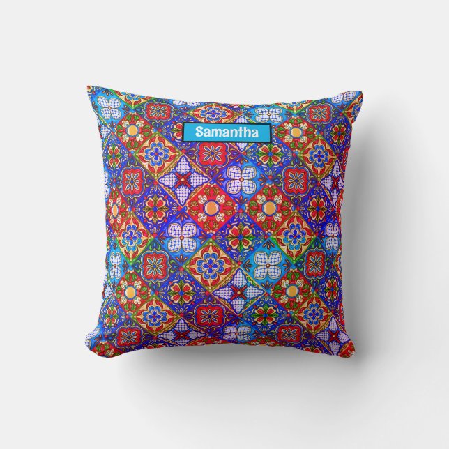 Elegant Mexican talavera red blue purple tiles Cushion (Front)