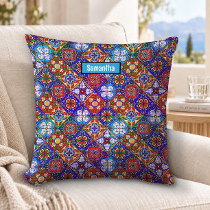 Elegant Mexican talavera red blue purple tiles Cushion