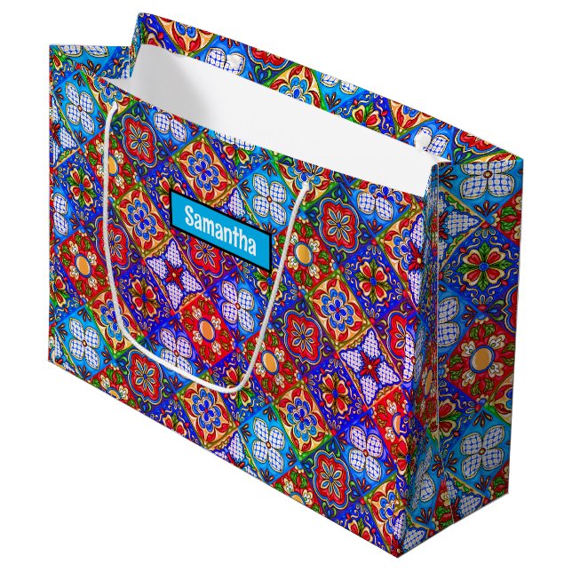 Elegant Mexican talavera red blue purple tiles Large Gift Bag (Front Angled)