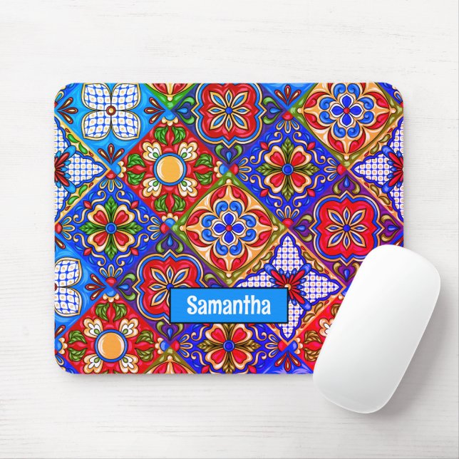 Elegant Mexican talavera red blue purple tiles Mouse Pad (With Mouse)