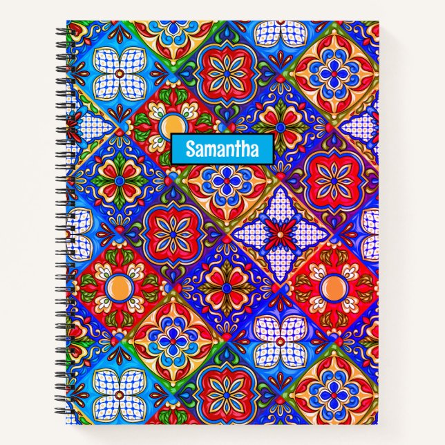 Elegant Mexican talavera red blue purple tiles Notebook (Front)