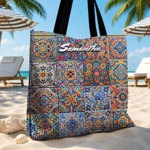 Elegant Mexican talavera red yellow tiles monogram Tote Bag