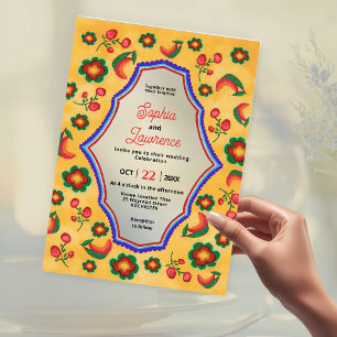 Elegant Mexican vibrant yellow blue wedding Acrylic Invitations