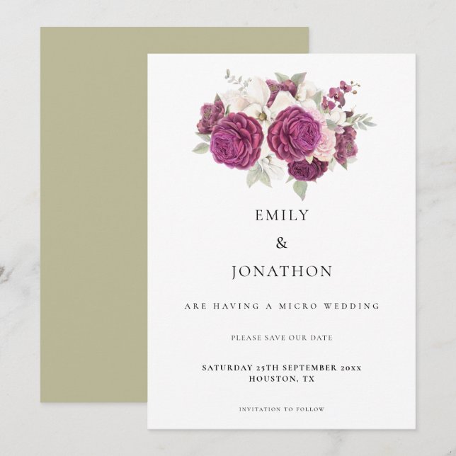 Elegant Micro Wedding Burgundy Florals Sage Green Save The Date (Front/Back)