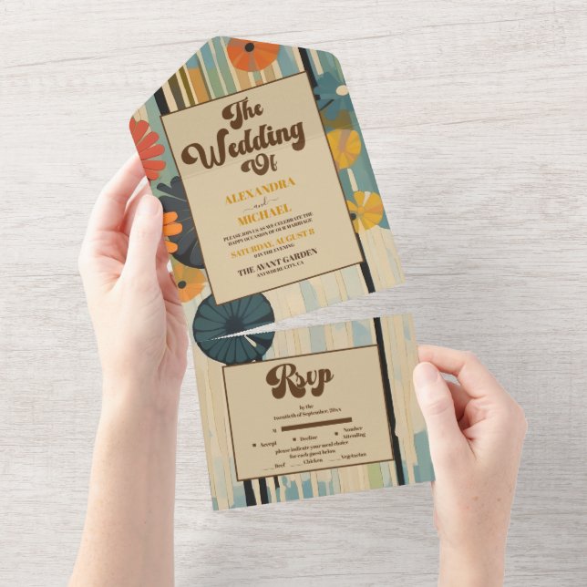 Elegant Mid Century Floral Wedding All In One Invitation (Tearaway)