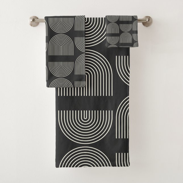 Elegant Mid Century Mod Arch Lines Black and White Bath Towel Set (Insitu)