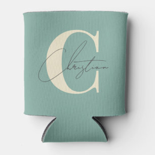 Elegant Mid-Century Modern Monogram Aqua Reef Can Cooler