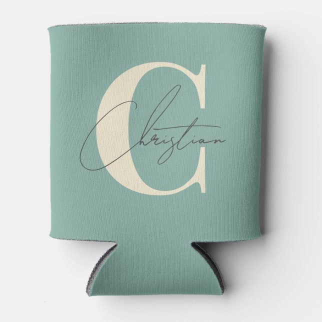 Elegant Mid-Century Modern Monogram Aqua Reef Can Cooler (Front)