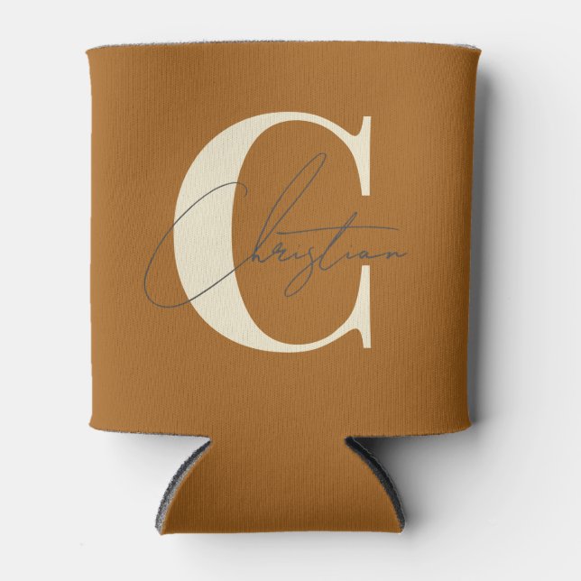 Elegant Mid-Century Modern Monogram Burnt Sand Can Cooler (Front)