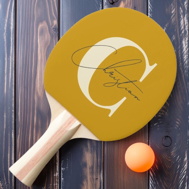 Elegant Mid-Century Modern Monogram Golden Ochre Ping Pong Paddle (Creator Uploaded)