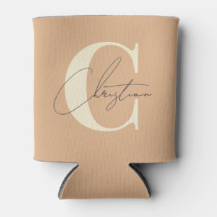 Elegant Mid-Century Modern Monogram Peach Kiss Can Cooler