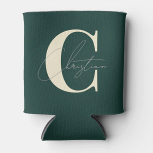 Elegant Mid-Century Modern Monogram Sage Green Can Cooler