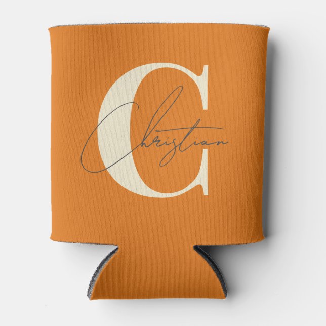 Elegant Mid-Century Modern Monogram Warm Citrus Can Cooler (Front)