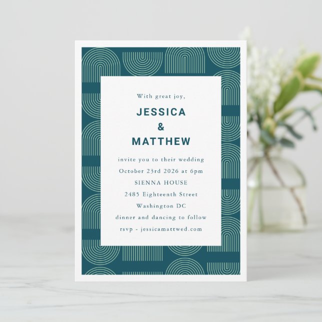 Elegant Mid Century Modern Teal Unique Wedding Invitation (Standing Front)