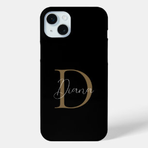 Elegant Midnight Black Mossy Gold Script Monogram iPhone 15 Mini Case