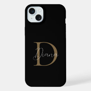 Elegant Midnight Black Mossy Gold Script Monogram iPhone 15 Plus Case