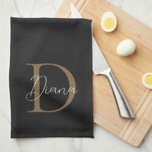 Elegant Midnight Black Mossy Gold Script Monogram Tea Towel