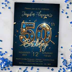 Elegant Midnight Blue and Gold 50th Birthday Party Invitation