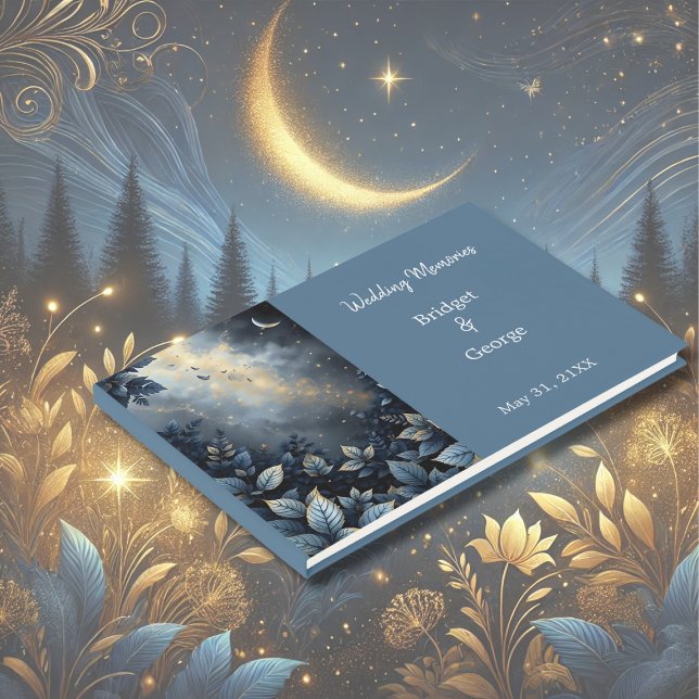 Elegant Midnight Blue and Gold Forest Wedding Guest Book (Creator Uploaded)