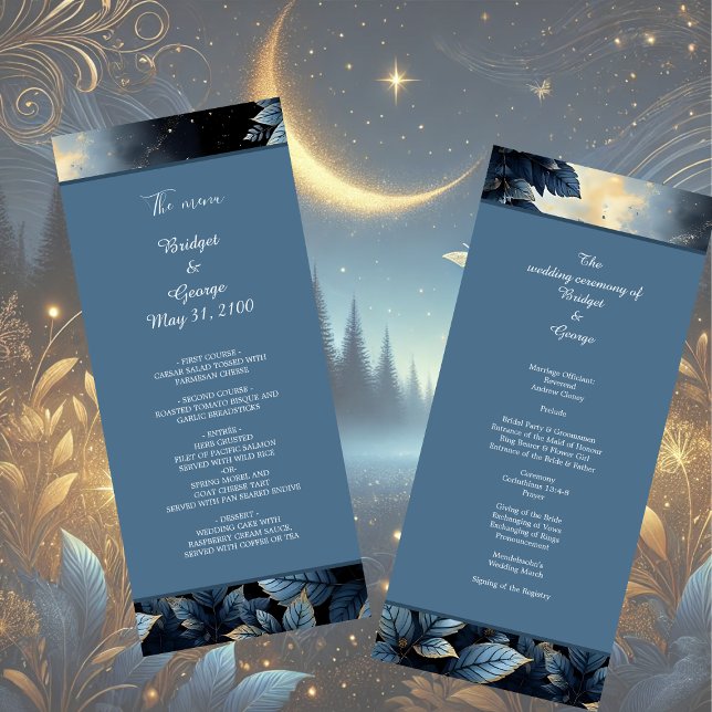 Elegant Midnight Blue and Gold Forest Wedding Program (Creator Uploaded)