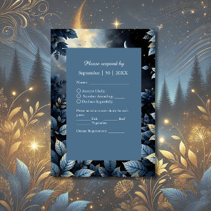 Elegant Midnight Blue and Gold Forest Wedding RSVP Card