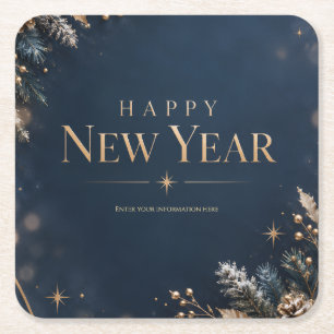 Elegant Midnight Blue and Gold Happy New Year Square Paper Coaster