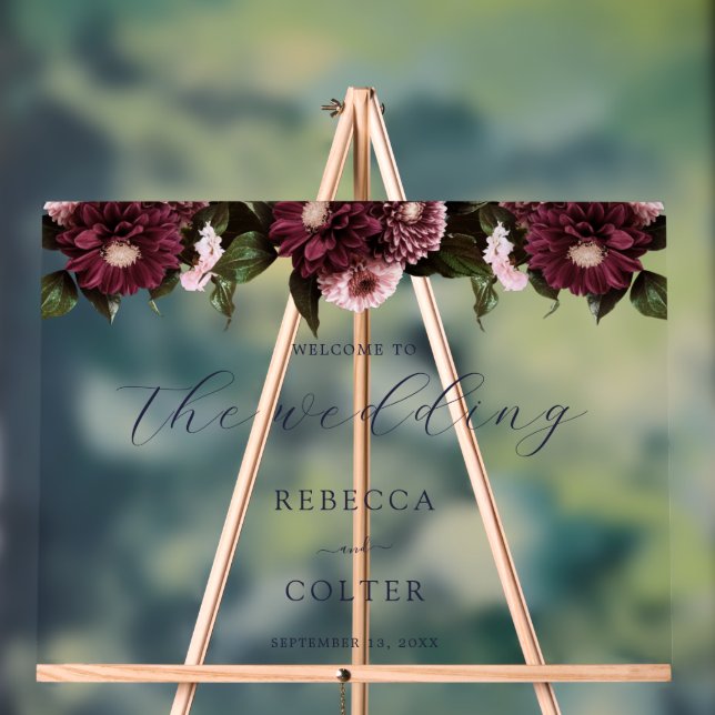 Elegant Midnight Blue Burgundy Floral Wedding Acrylic Sign (Neutral)
