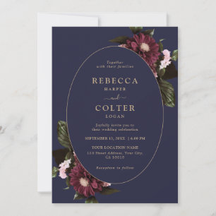 Elegant Midnight Blue Burgundy Floral Wedding  Invitation