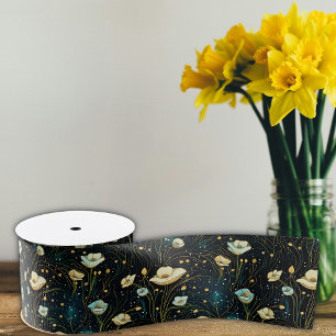 Elegant Midnight Blue Celestial Floral Grosgrain Ribbon