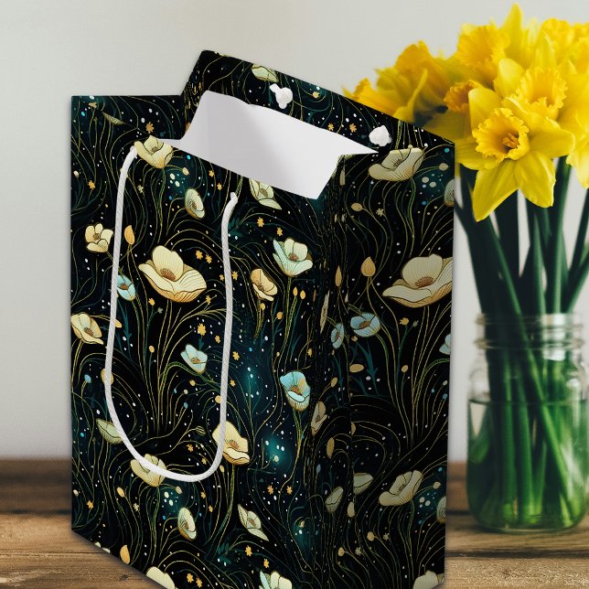 Elegant Midnight Blue Celestial Floral  Medium Gift Bag (Creator Uploaded)