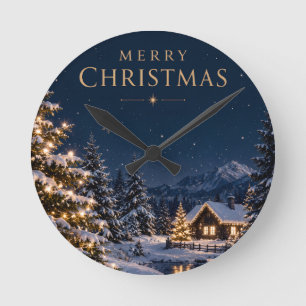 Elegant Midnight Blue Christmas Snowy Pines style Round Clock